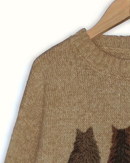 Women's Oversized Knit Crewneck Sweater with Cat Print
