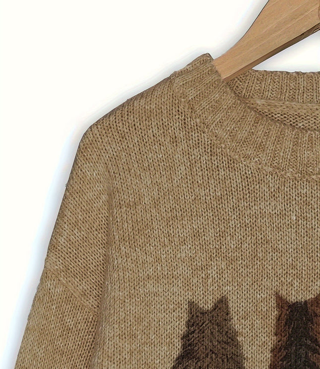Women's Oversized Knit Crewneck Sweater with Cat Print