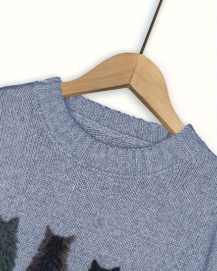 Women's Oversized Knit Crewneck Sweater with Cat Print