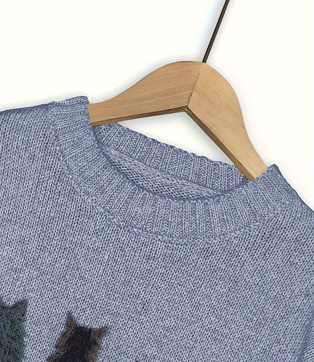 Women's Oversized Knit Crewneck Sweater with Cat Print
