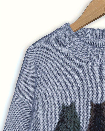 Women's Oversized Knit Crewneck Sweater with Cat Print