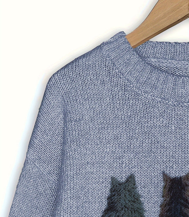 Women's Oversized Knit Crewneck Sweater with Cat Print