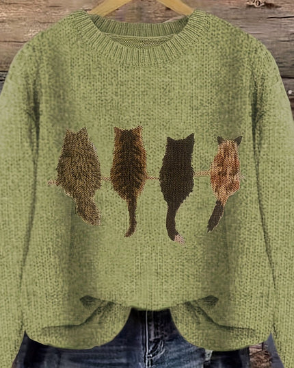 Women's Oversized Knit Crewneck Sweater with Cat Print