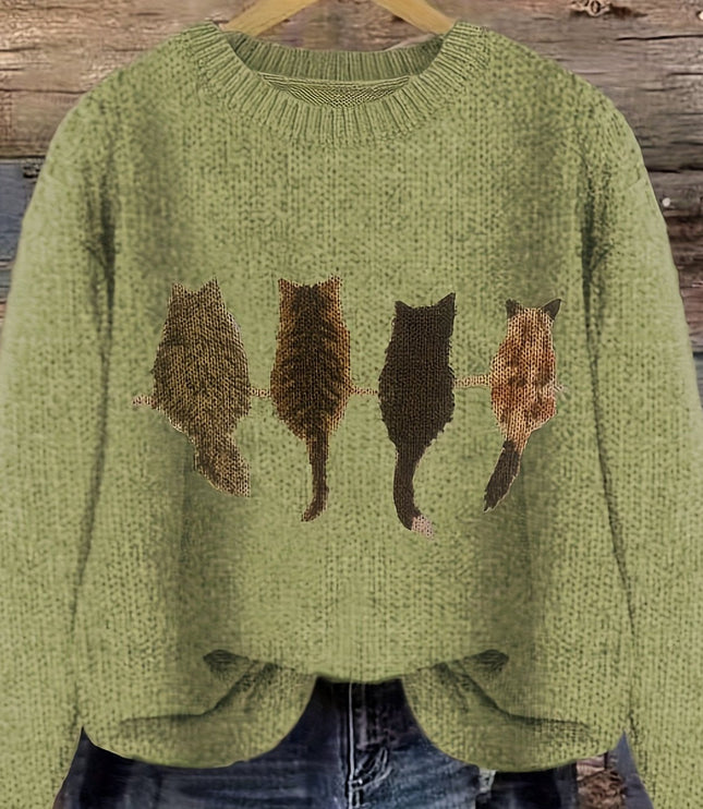 Women's Oversized Knit Crewneck Sweater with Cat Print