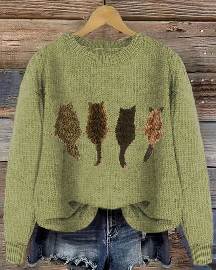 Women's Oversized Knit Crewneck Sweater with Cat Print