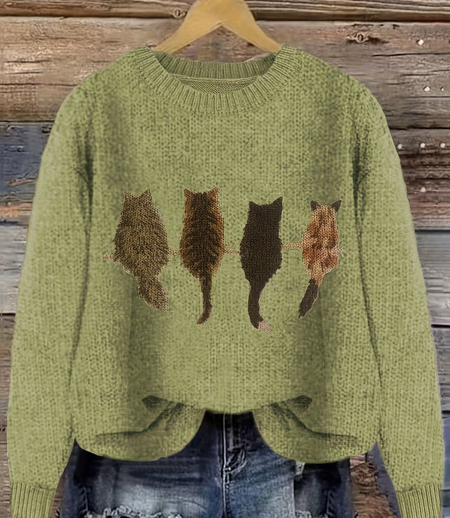 Women's Oversized Knit Crewneck Sweater with Cat Print