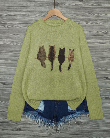 Women's Oversized Knit Crewneck Sweater with Cat Print
