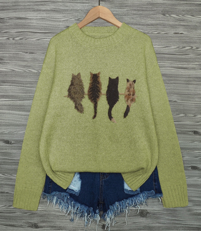 Women's Oversized Knit Crewneck Sweater with Cat Print