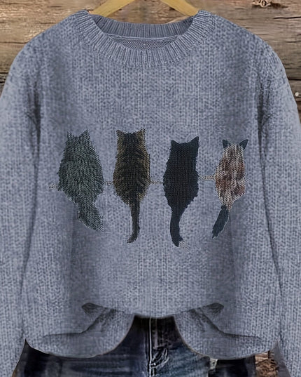 Women's Oversized Knit Crewneck Sweater with Cat Print