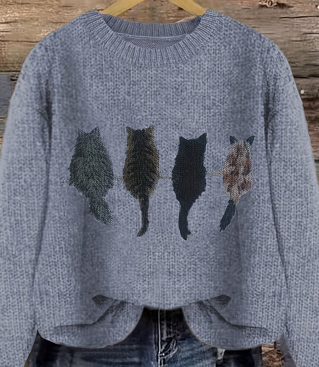 Women's Oversized Knit Crewneck Sweater with Cat Print