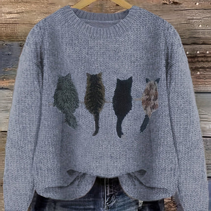 Women's Oversized Knit Crewneck Sweater with Cat Print