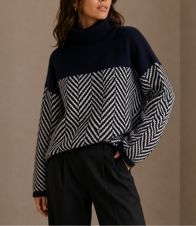 Women's Oversized Turtleneck Herringbone Knit Sweater