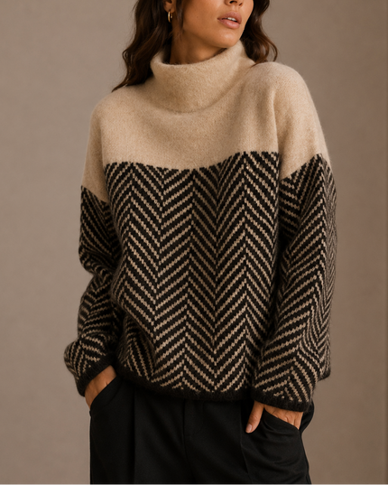 Women's Oversized Turtleneck Herringbone Knit Sweater