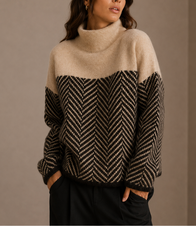 Women's Oversized Turtleneck Herringbone Knit Sweater