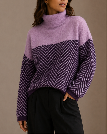 Women's Oversized Turtleneck Herringbone Knit Sweater