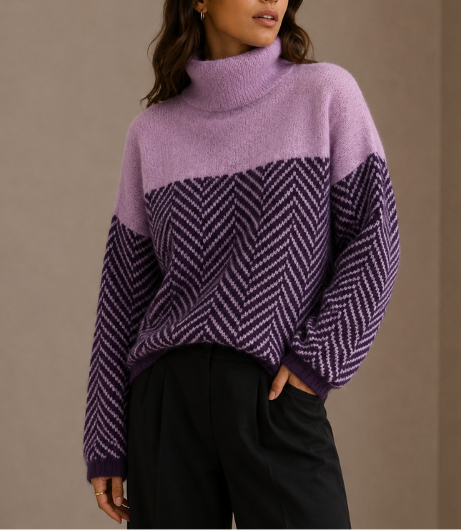 Women's Oversized Turtleneck Herringbone Knit Sweater