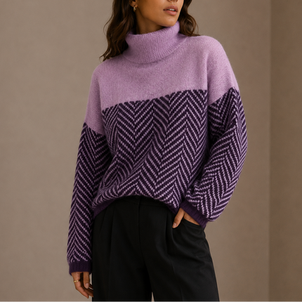 Women's Oversized Turtleneck Herringbone Knit Sweater