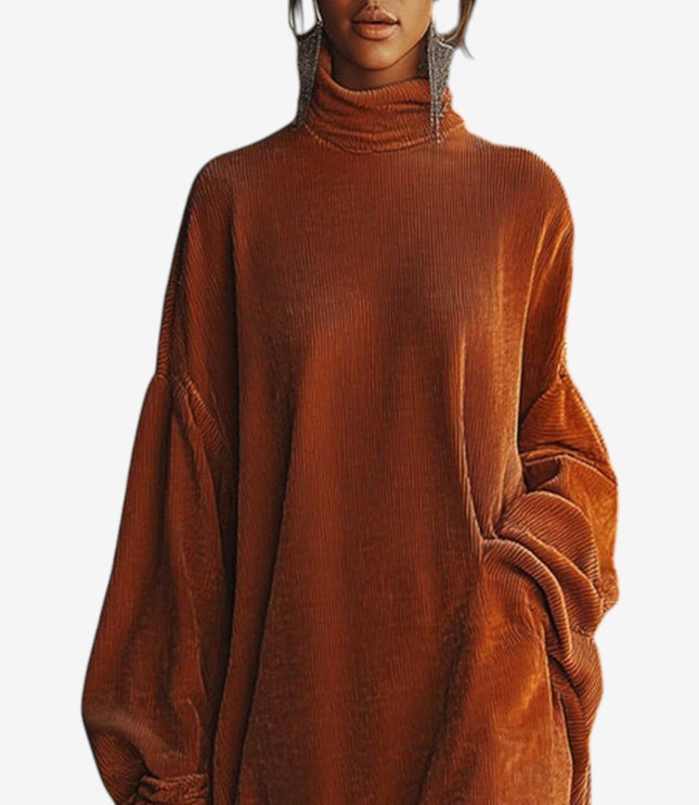 Women's Oversized Turtleneck Knit Sweater Dress with Fringe Hem