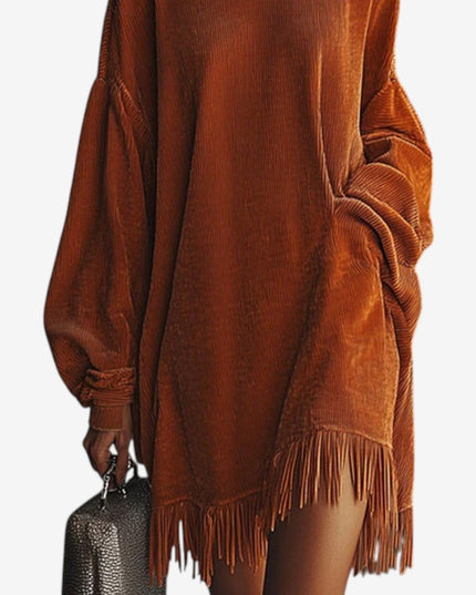 Women's Oversized Turtleneck Knit Sweater Dress with Fringe Hem