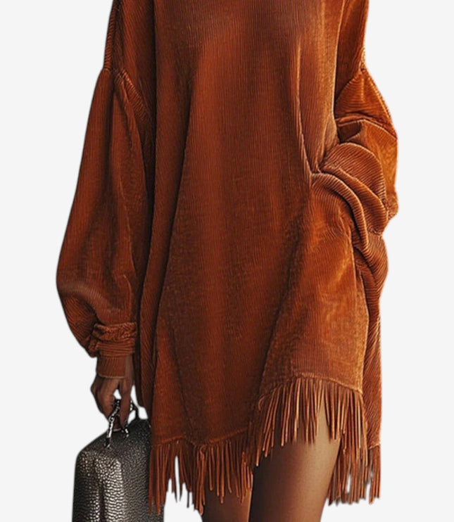 Women's Oversized Turtleneck Knit Sweater Dress with Fringe Hem
