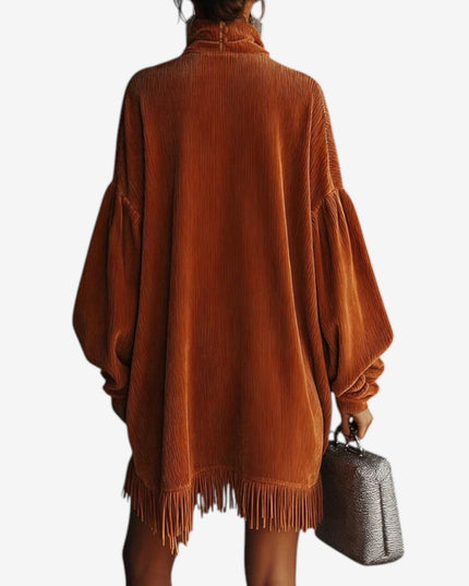 Women's Oversized Turtleneck Knit Sweater Dress with Fringe Hem