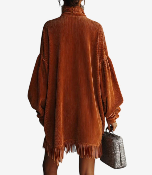 Women's Oversized Turtleneck Knit Sweater Dress with Fringe Hem
