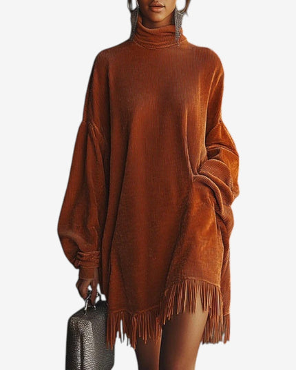 Women's Oversized Turtleneck Knit Sweater Dress with Fringe Hem