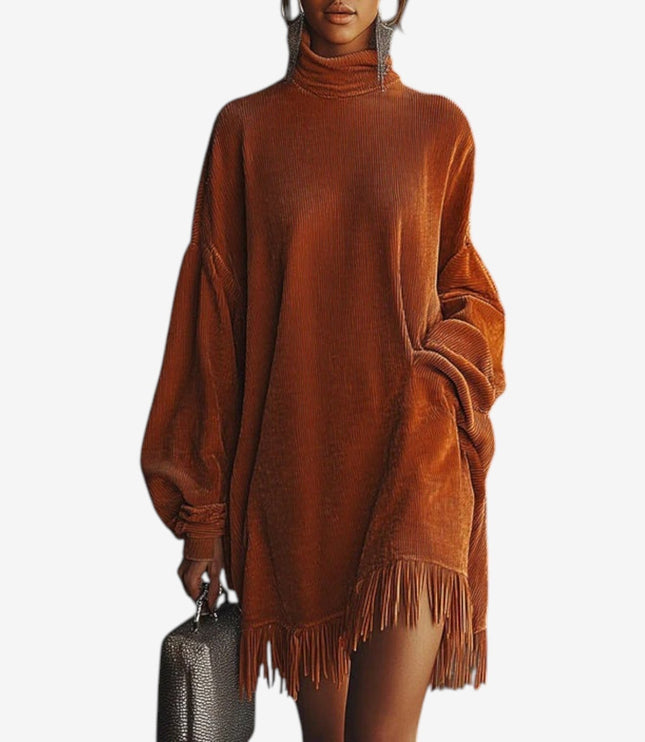 Women's Oversized Turtleneck Knit Sweater Dress with Fringe Hem