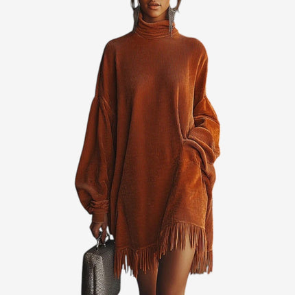 Women's Oversized Turtleneck Knit Sweater Dress with Fringe Hem
