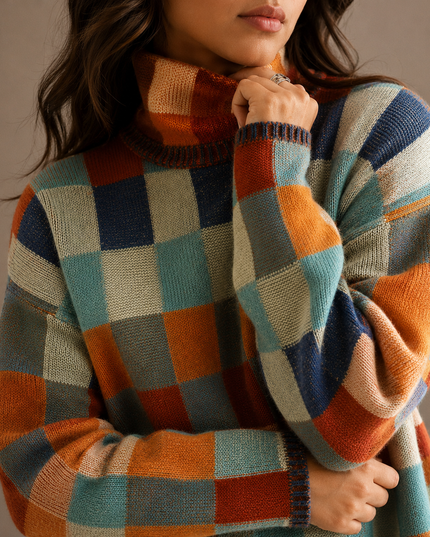 Women's Oversized Turtleneck Knit Sweater in Plaid Check