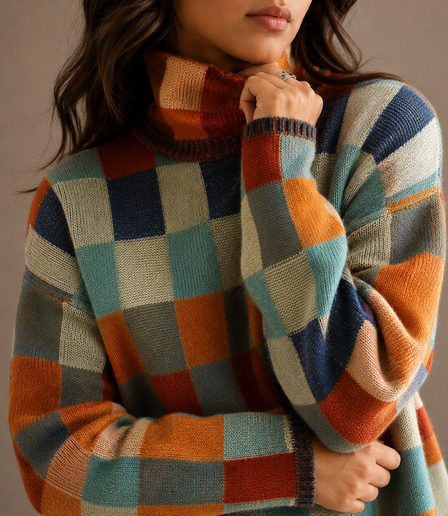 Women's Oversized Turtleneck Knit Sweater in Plaid Check