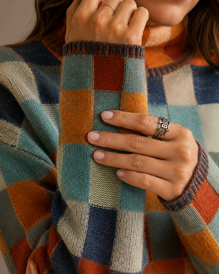 Women's Oversized Turtleneck Knit Sweater in Plaid Check