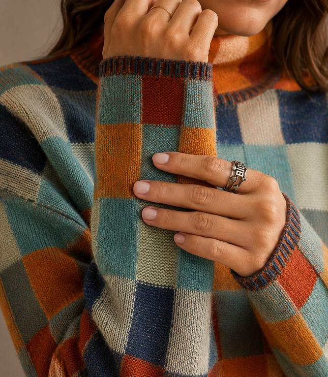 Women's Oversized Turtleneck Knit Sweater in Plaid Check