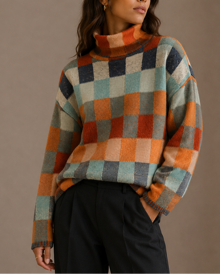 Women's Oversized Turtleneck Knit Sweater in Plaid Check
