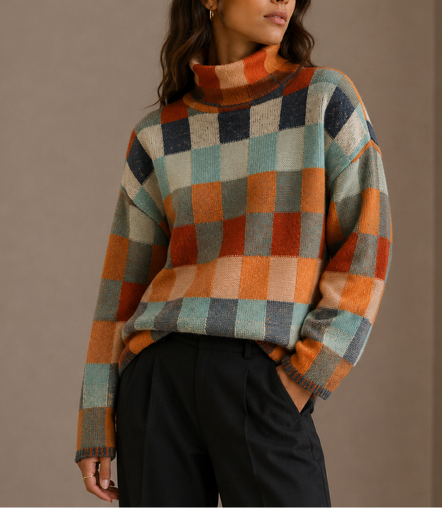 Women's Oversized Turtleneck Knit Sweater in Plaid Check