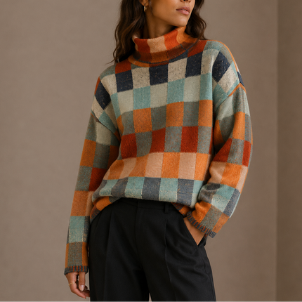 Women's Oversized Turtleneck Knit Sweater in Plaid Check
