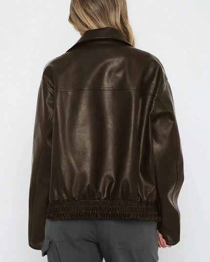 Women's Oversized Zip Jacket, Gathered Hem Faux Leather