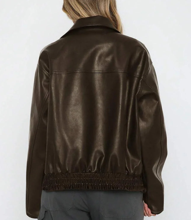Women's Oversized Zip Jacket, Gathered Hem Faux Leather