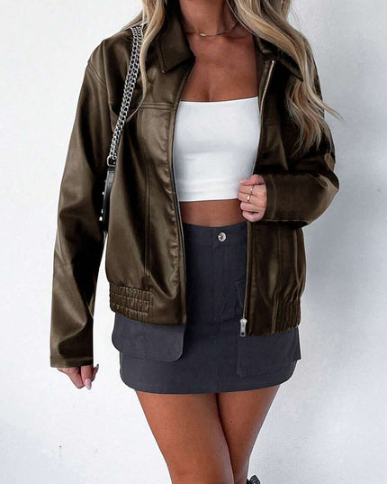 Women's Oversized Zip Jacket, Gathered Hem Faux Leather
