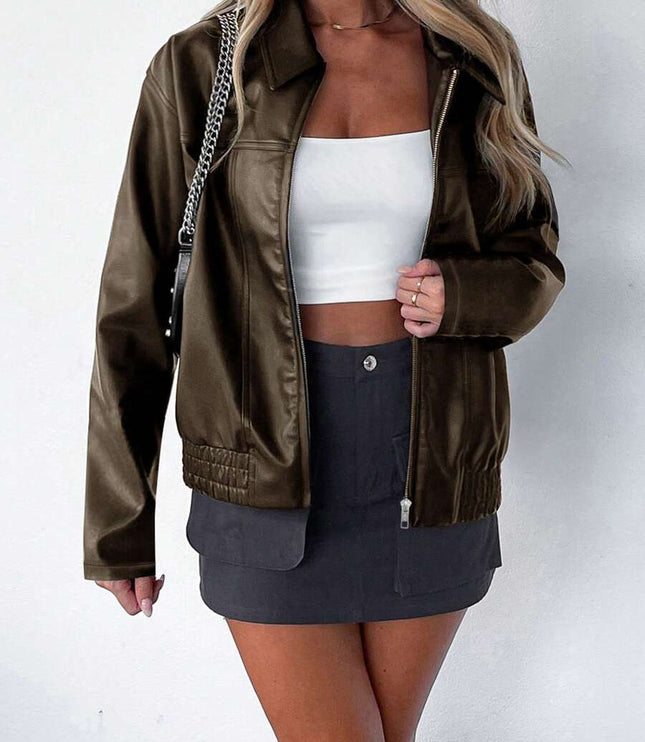 Women's Oversized Zip Jacket, Gathered Hem Faux Leather