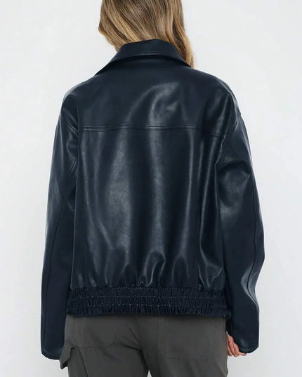Women's Oversized Zip Jacket, Gathered Hem Faux Leather