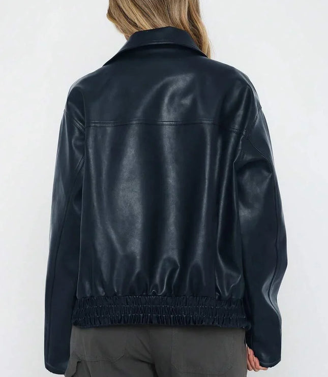 Women's Oversized Zip Jacket, Gathered Hem Faux Leather