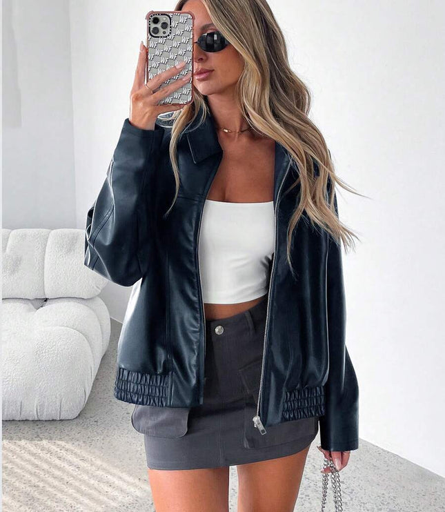 Women's Oversized Zip Jacket, Gathered Hem Faux Leather