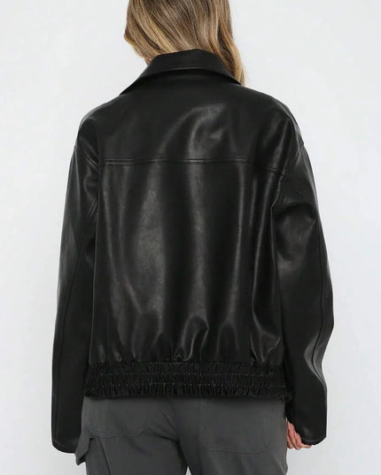 Women's Oversized Zip Jacket, Gathered Hem Faux Leather