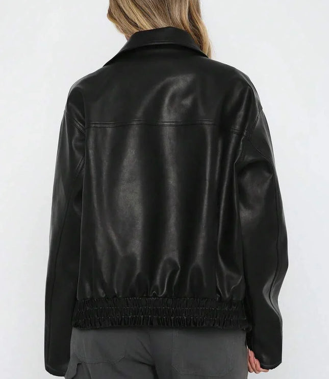 Women's Oversized Zip Jacket, Gathered Hem Faux Leather