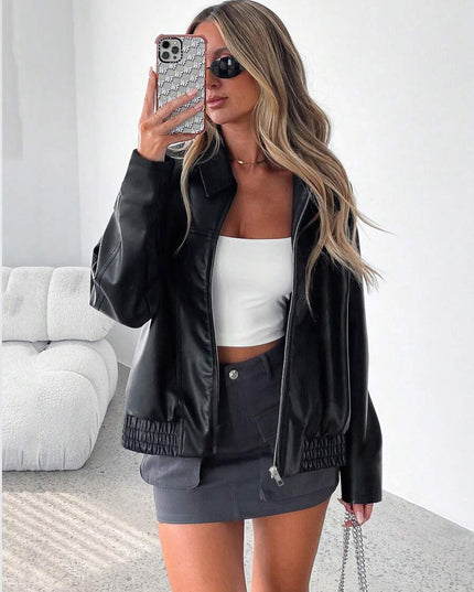 Women's Oversized Zip Jacket, Gathered Hem Faux Leather