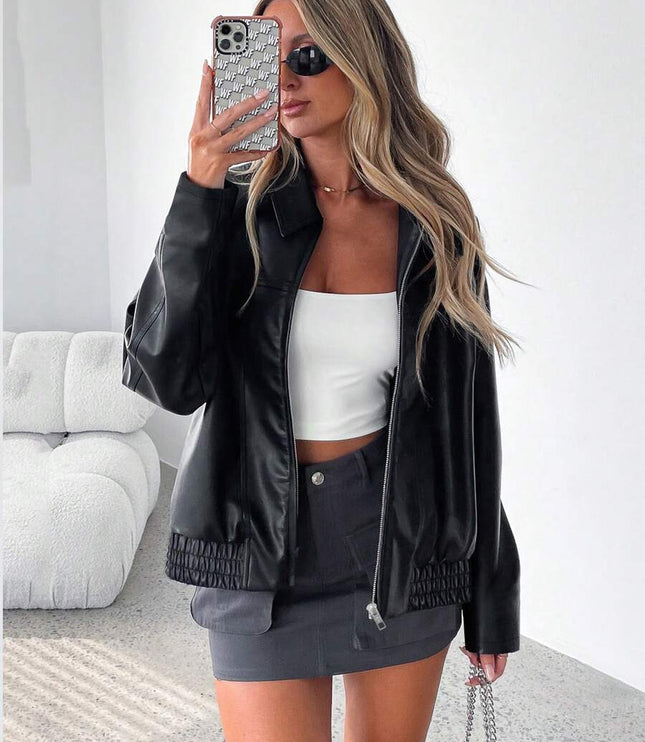 Women's Oversized Zip Jacket, Gathered Hem Faux Leather