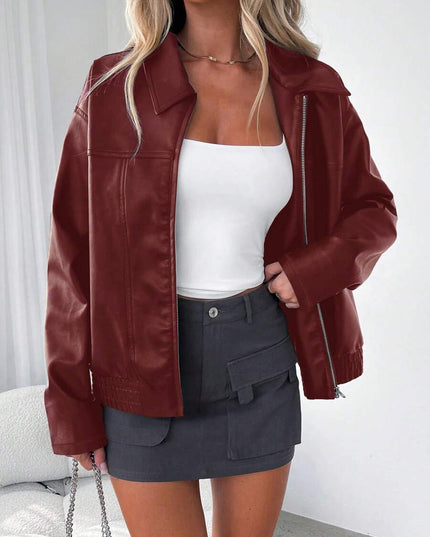 Women's Oversized Zip Jacket, Gathered Hem Faux Leather