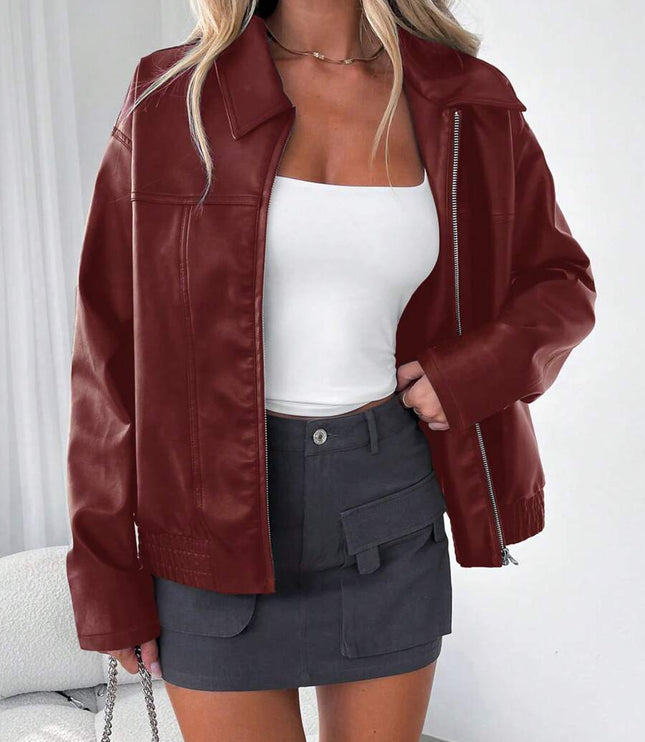 Women's Oversized Zip Jacket, Gathered Hem Faux Leather