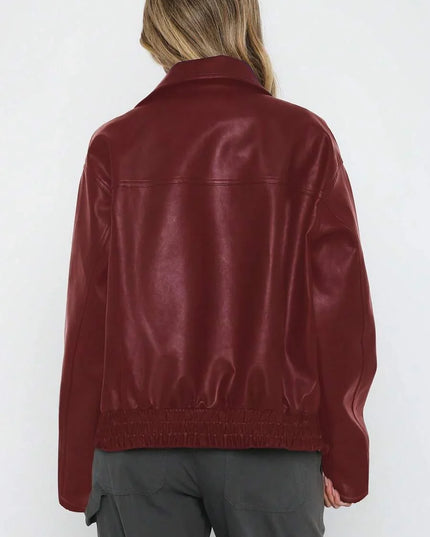 Women's Oversized Zip Jacket, Gathered Hem Faux Leather